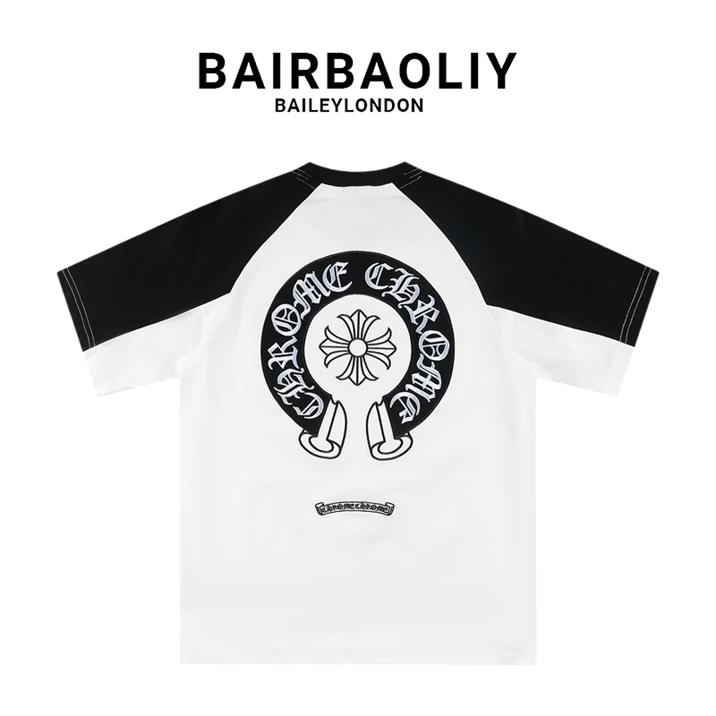 BAIRBAOLIY美式高街刺绣十字架梵文LOGO拼色短袖T恤潮牌高奢男装