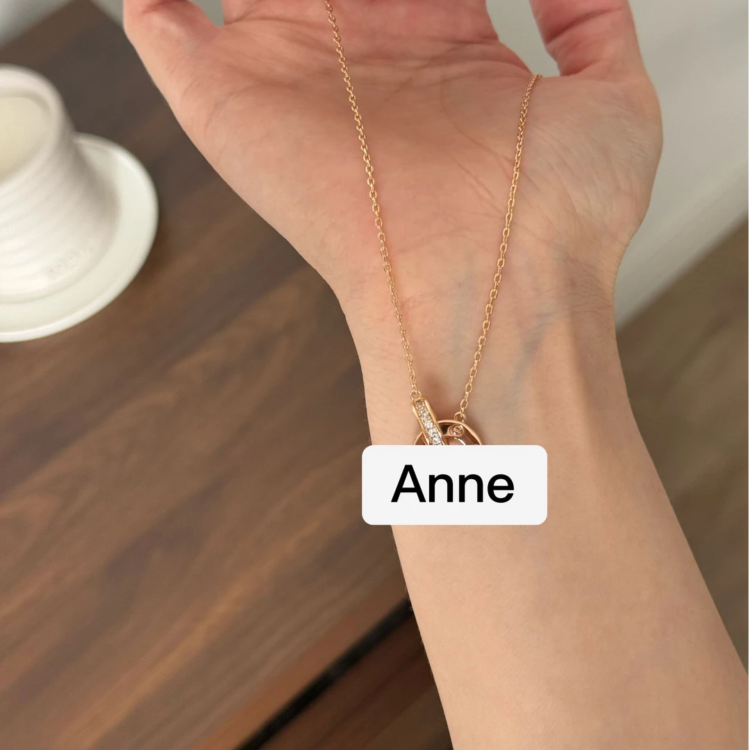 铜合金吊坠 双环圆饼玫瑰金色镶嵌吊坠项链【X718】