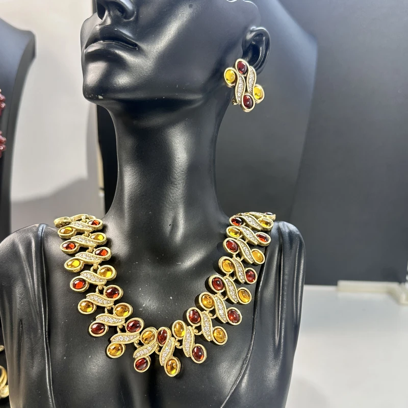 铜琉璃项链 复古风美拉德色系项链耳环套装宫廷风双色编织