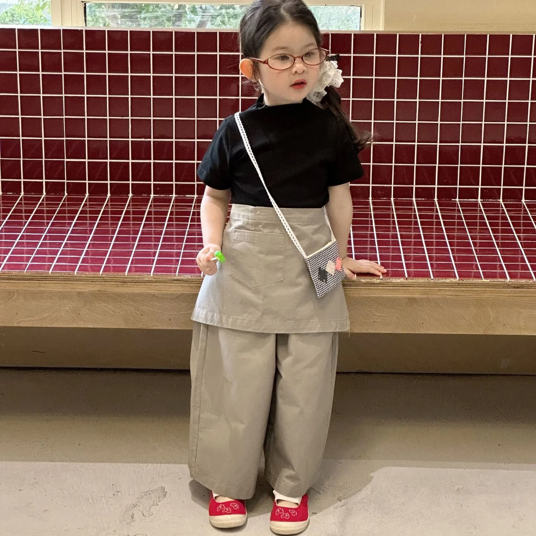 《小思家》女童2025夏季新款韩版百搭纯色半高领短袖T恤屁帘裤套装