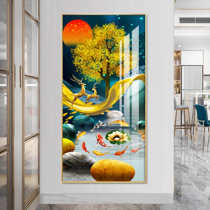 红太阳锦绣前程九鱼图简约玄关家居装饰画过道走廊挂画