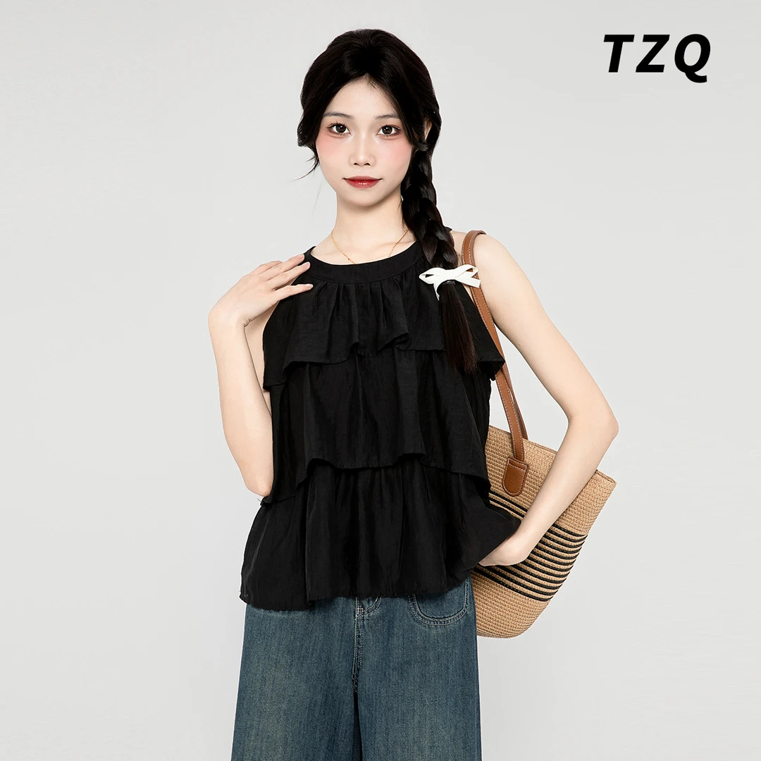 露肩无袖木耳边仙女上衣背心吊带女装气质时尚黑色法式TZQ71826
