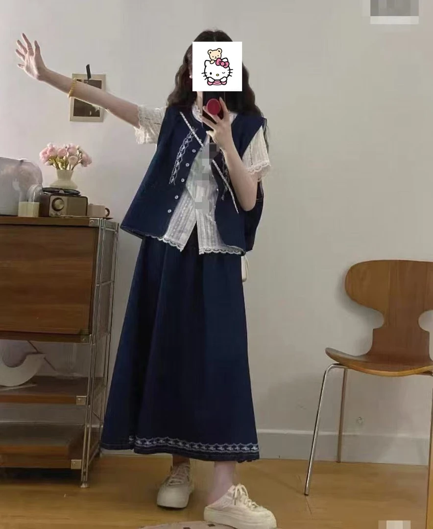 韩版气质蕾丝衬衫牛仔马甲半裙女装2025夏季新款民族风时尚三件套