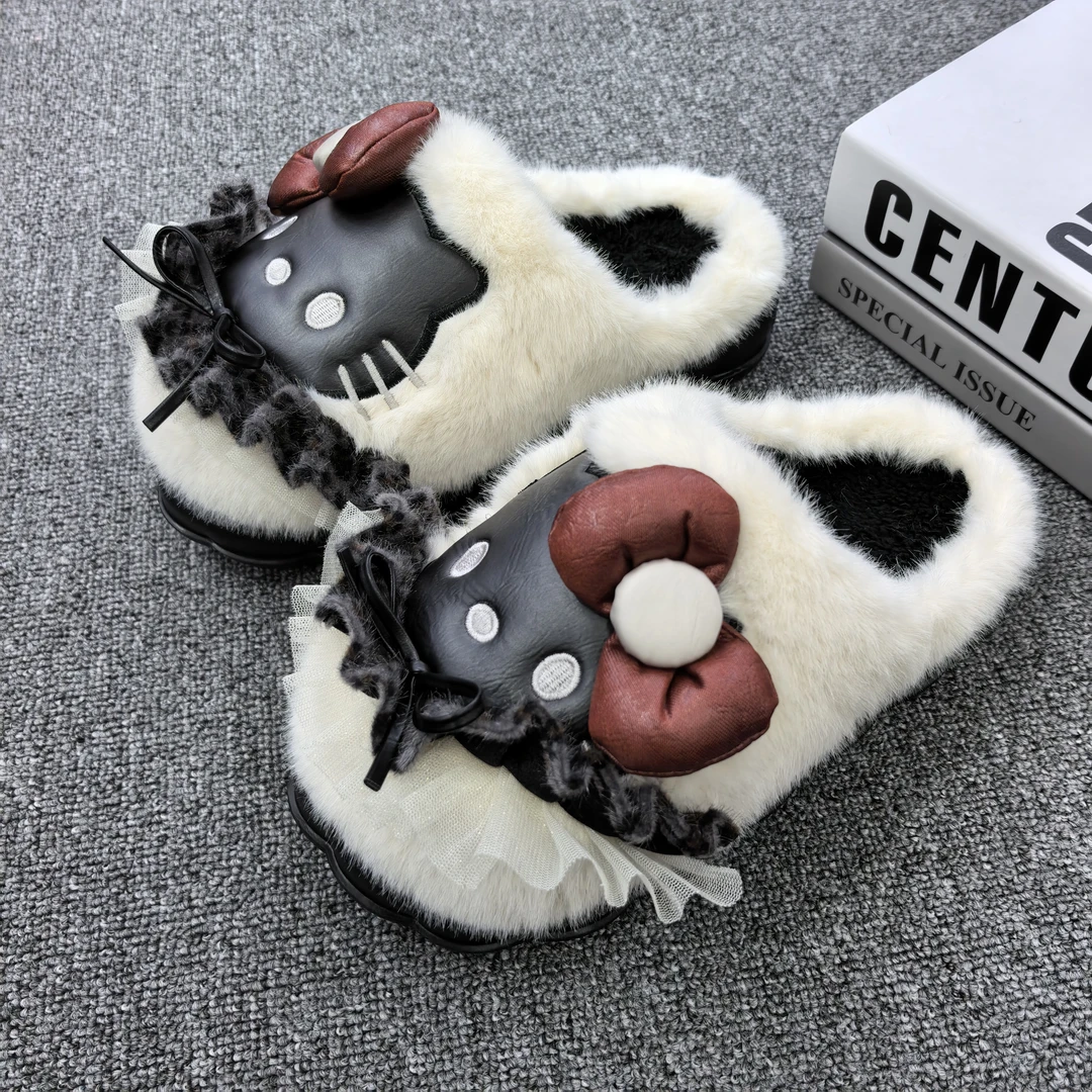 小宁北可爱皮脸猫咪豹纹花边蝴蝶结棉拖鞋EVA鞋底少女心居家棉拖