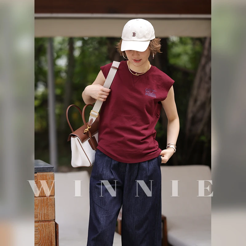 WinnieTang纯棉无袖宽松显瘦背心撞色印花休闲卫衣马甲25S90326B