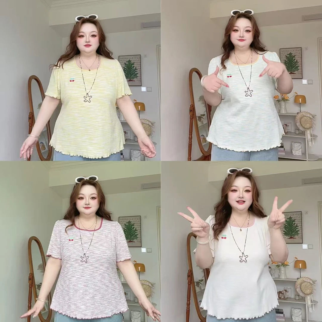 胖M大码女装修身型宽松型常规款圆领大码T恤短袖不起球通勤风X329