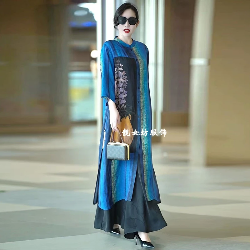 时髦女装拼色两件套夏季休闲宽松大码连衣裙长款开衫外披配阔腿裤