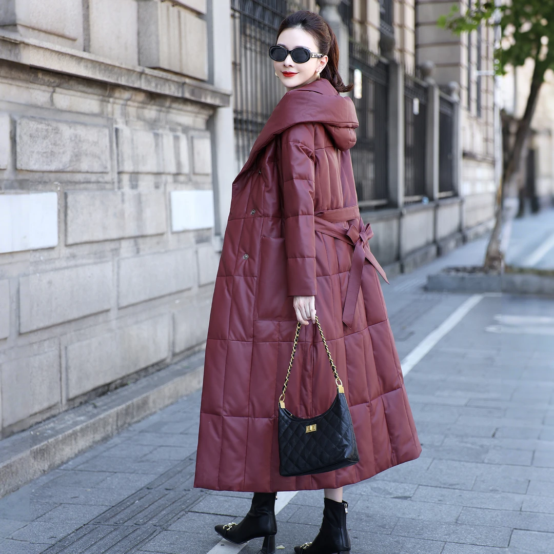 安可拉红真皮羽绒服女长款过膝鹅绒内胆2025冬连帽绵羊皮皮衣外套