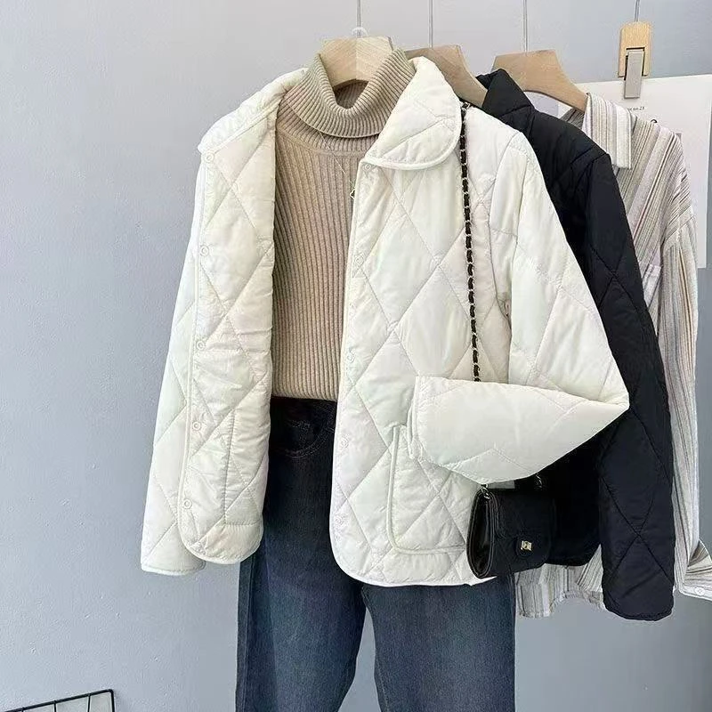 2025女士翻领菱形棉袄保暖薄款短款秋冬新款时尚百搭