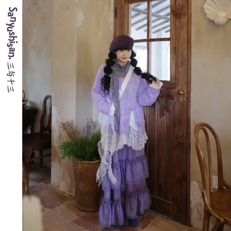 三与十三|紫雾花房|韩系慵懒设计感立体花朵针织套头毛衣-2