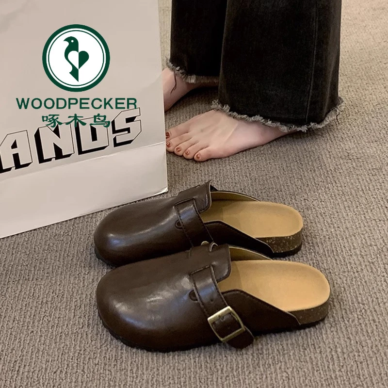 啄木鸟防水勃肯鞋女款2025新款春秋外穿日系复古包头半拖鞋高级感
