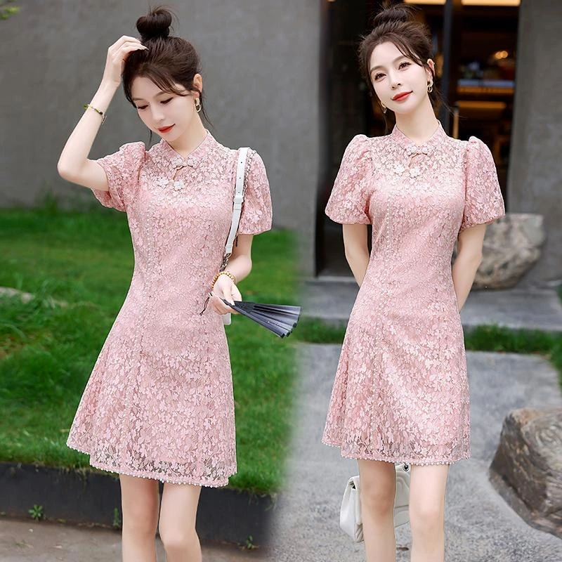 【XH】2025夏季新款蕾丝旗袍改良新中式连衣裙女复古国风泡泡袖盘扣