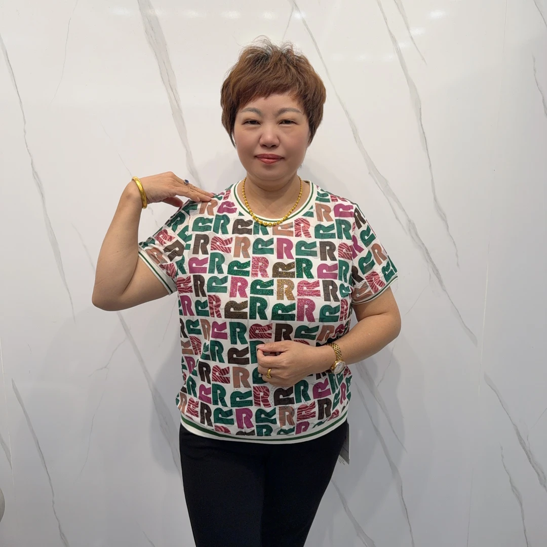 3595夏季新款烫钻R字母凉爽上衣休闲时尚圆领花色