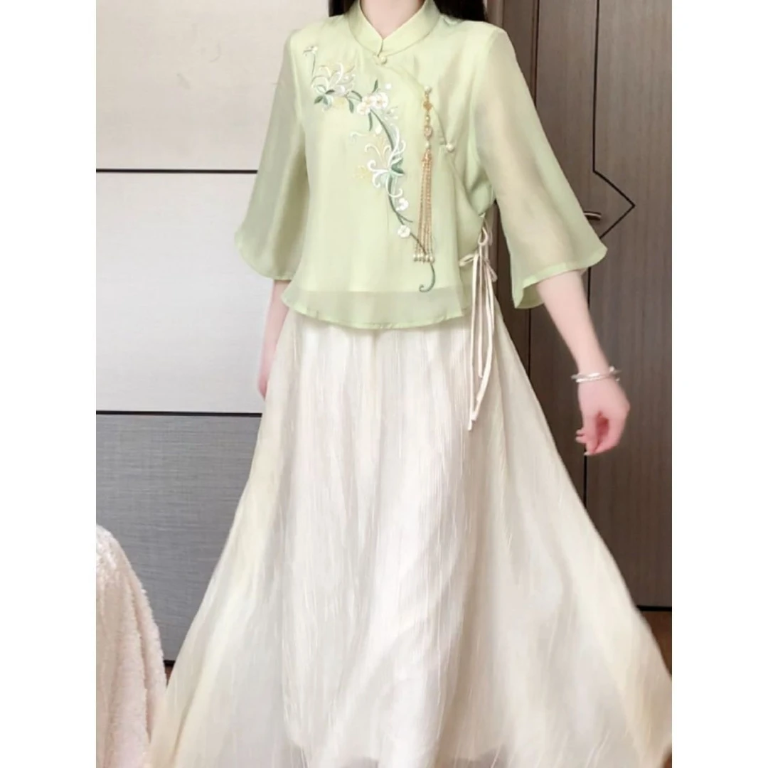 【清仓】抹茶2025年春夏季新中式国风茶服盘扣旗袍两件套日常时尚少