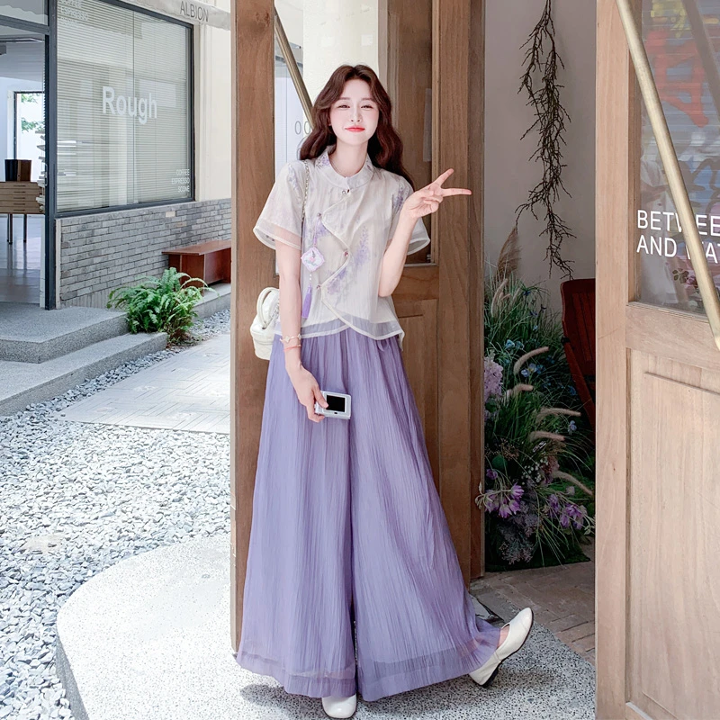 新中式国风印花上衣阔腿裙裤2025夏季新款氛围感气质流苏吊坠套装