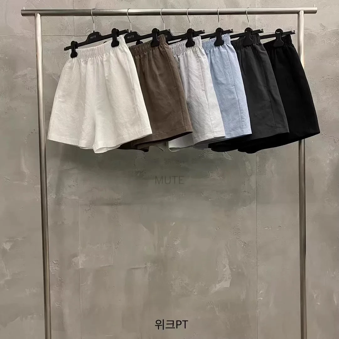 现韩国东大门代MUTE女2025春夏洋气百搭松紧腰显瘦棉麻休闲短裤