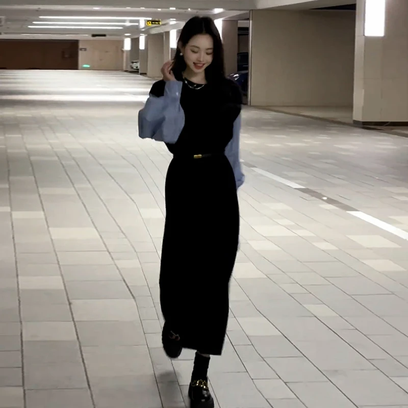 法式赫本风黑色假两件衬衫针织连衣裙子女2025新款秋冬高级感长裙