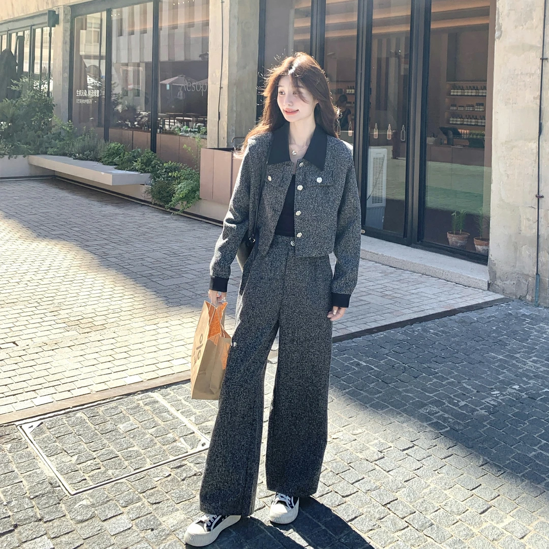 韩系穿搭洋气减套装女2025秋季新款高级感撞色外套阔腿裤两件套