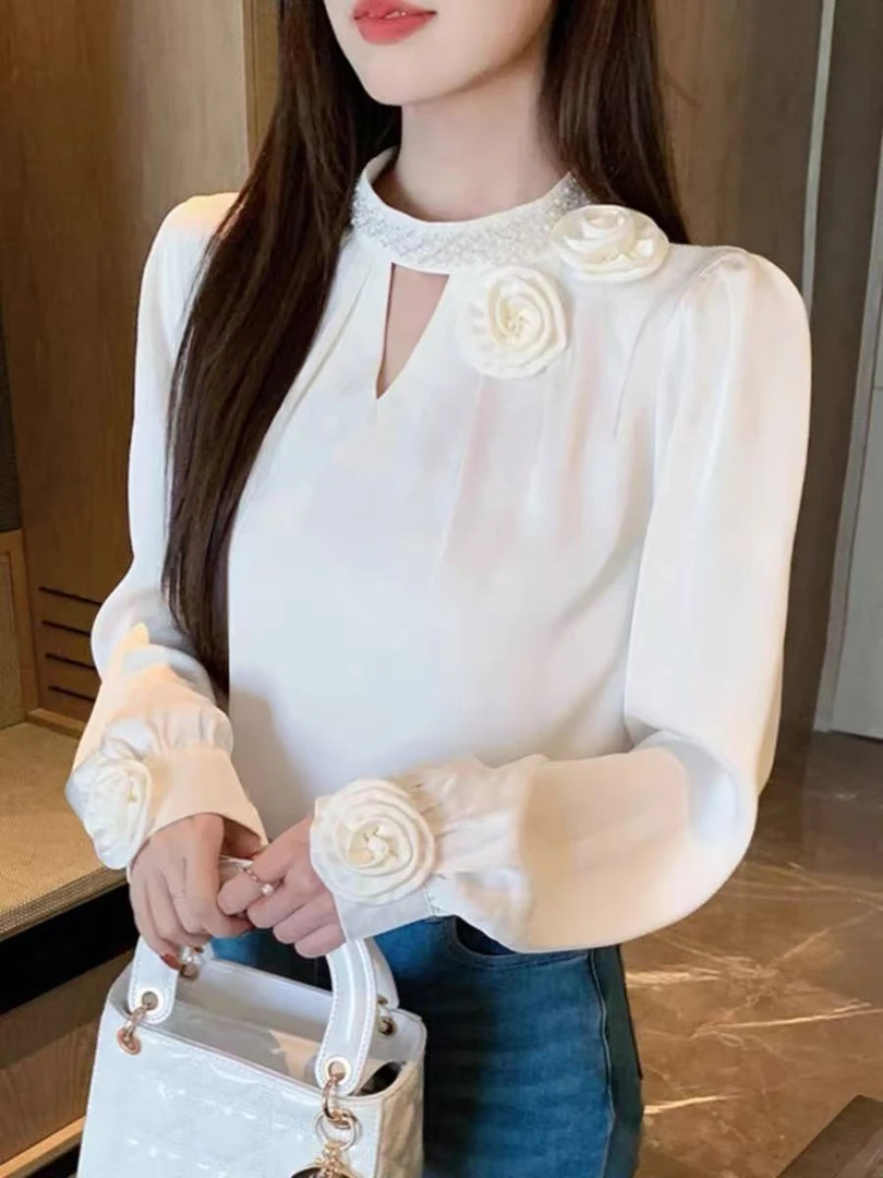 法式立领花朵拼接长袖衬衫女春装2025春季新款高级感女士上衣小衫