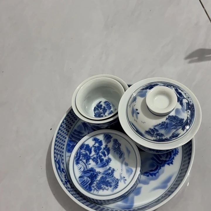 缘***分瓷片青花山水5件套景德镇