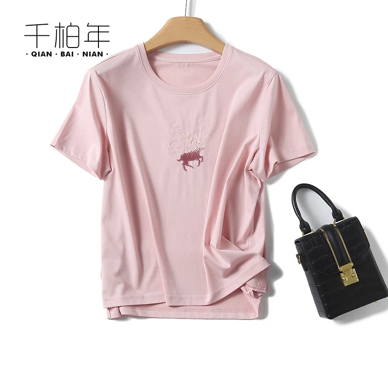 千柏年2024新款女装夏日百搭女款T恤潮流夏季时尚休闲印花-C408