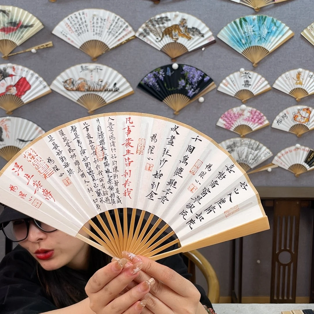 国画6寸玉竹-纯手绘-文玩扇骨（默认粘好）