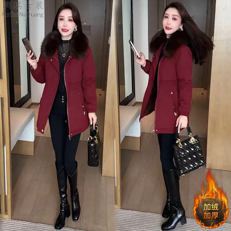 中长款长袖加绒棉衣毛领棉服女2025冬季新款加厚时尚宽松派克服潮