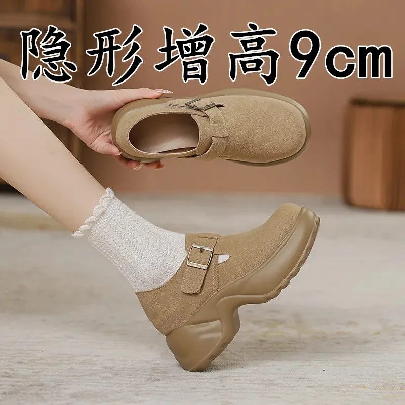 牛皮版~英伦风乐福鞋9cm小个子内增高勃肯鞋女厚底复古一脚蹬单鞋