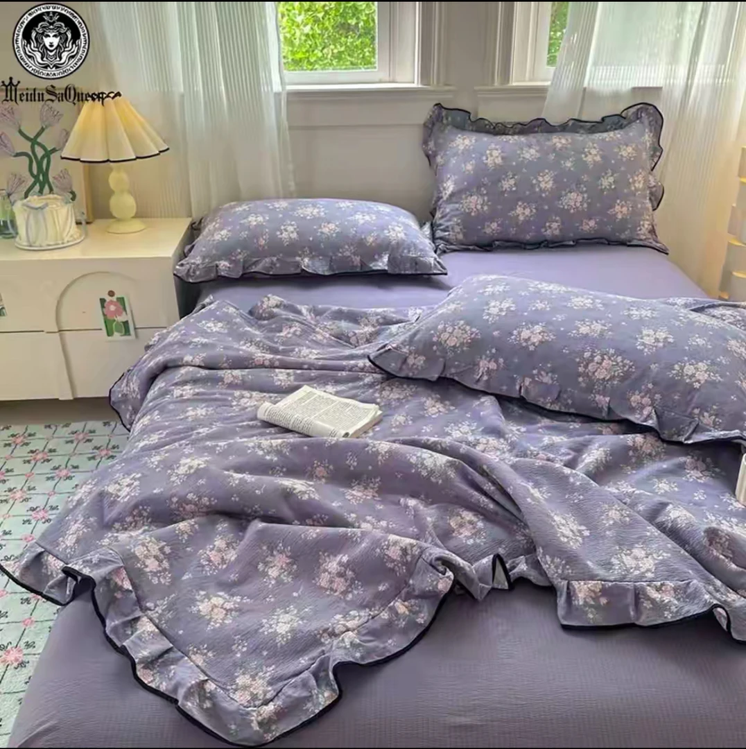 2025新款A类双层纱针织棉空公主花边款夏被四件套