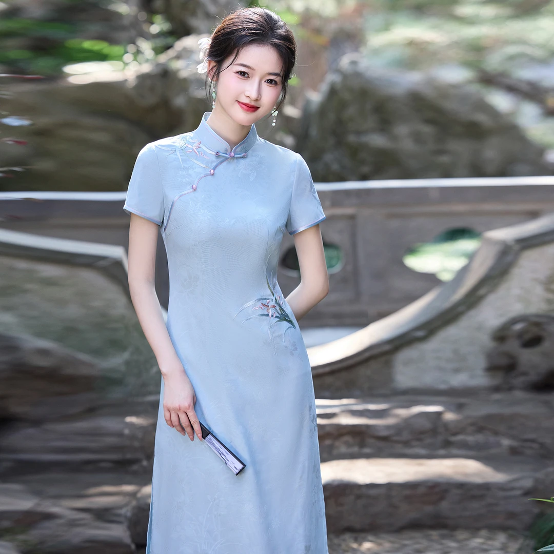 高端水蓝色奥黛旗袍女年轻款改良短袖连衣裙2025年夏季新款小个子