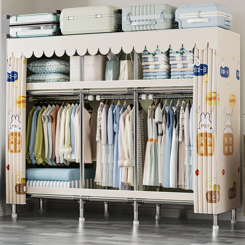 简易衣橱家用卧室出租房专用布衣柜全钢架结实耐用防尘收纳衣服柜