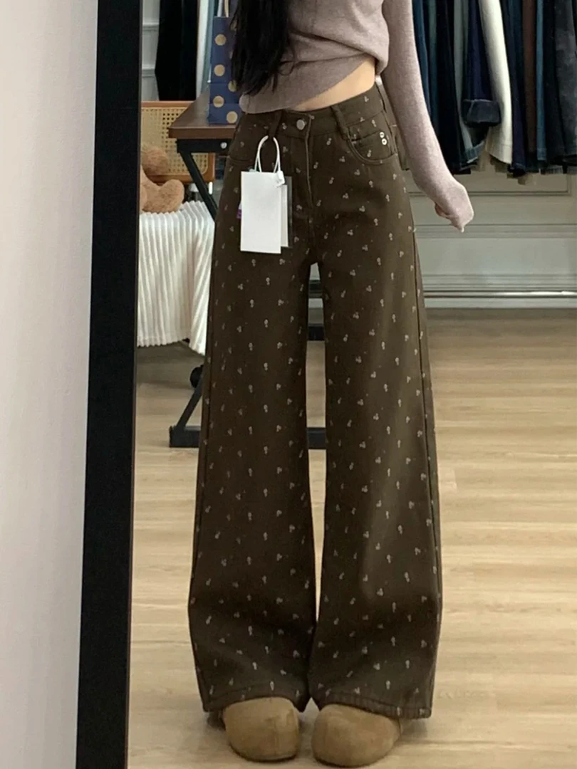 碎花裤子冬加厚宽松窄版阔腿牛仔裤女梨形报恩裤大码加绒棕色裤子