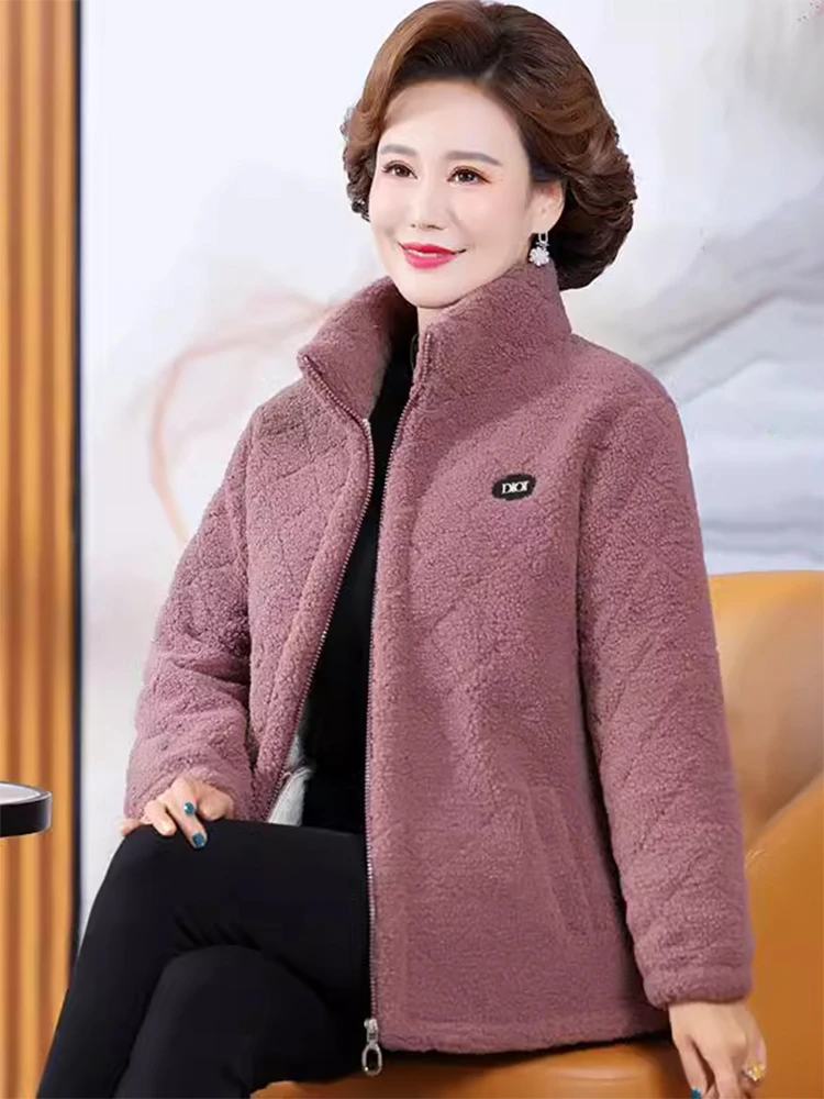 加绒中老年短款口袋纯色中老年女装常规款休闲中老年洋气棉袄