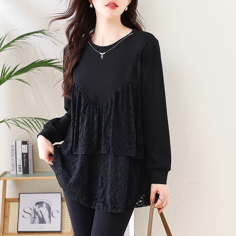 蕾丝拼接卫衣女2025春装新款宽松减龄洋气小衫大码遮肉显瘦上衣
