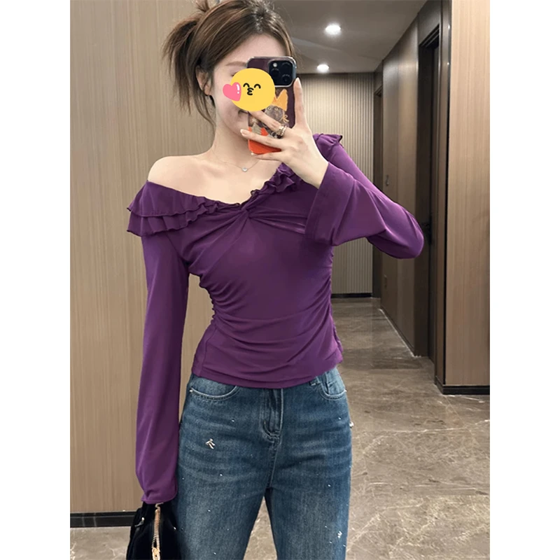大码荷叶边V领扭结长袖打底T恤女早秋新款胖mm洋气独特修身上衣潮