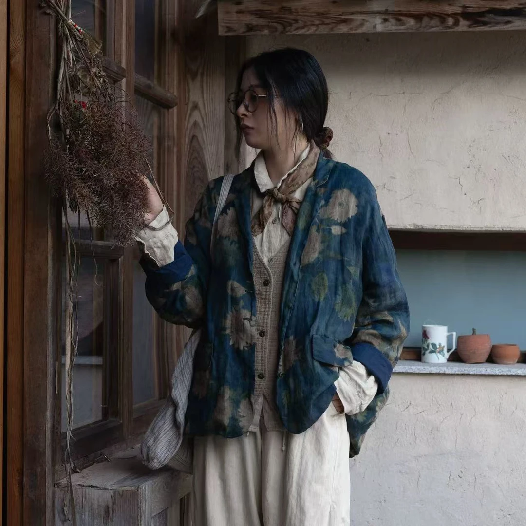 素朴布衣 衣路走来原创38879文艺复古亚麻双层印花长袖外套女