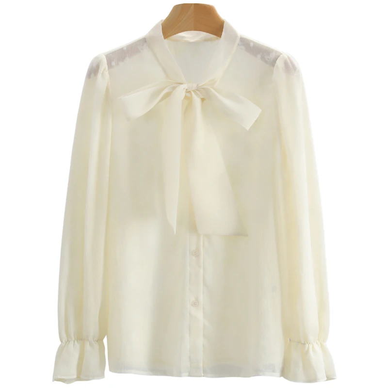 【伍莎-自营】小清新系带宽松纯色长袖雪纺衫#WYL55S030