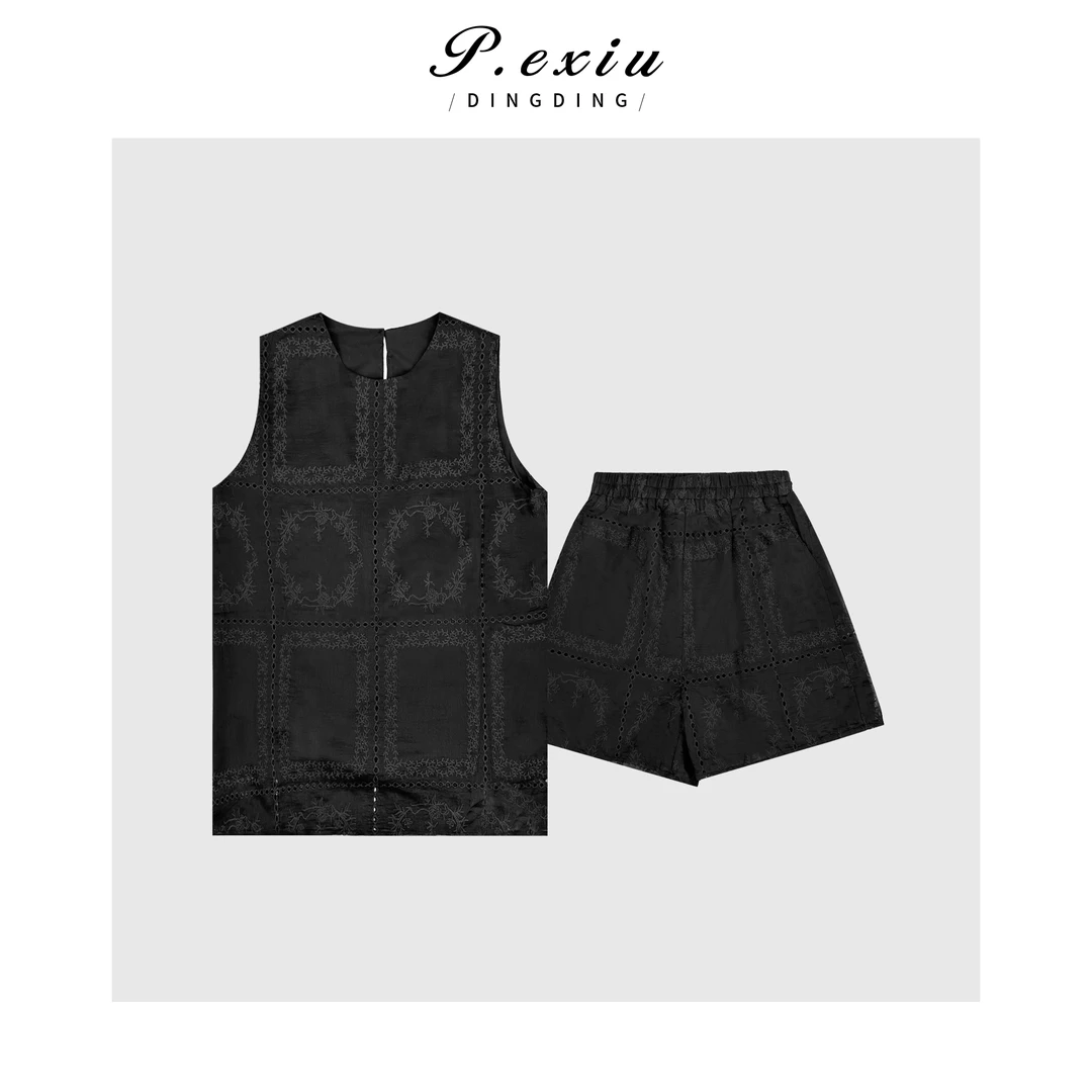 天丝气质重工提花刺绣短裤背心套装 W-63076