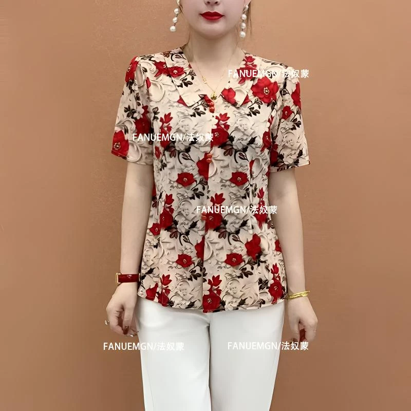 新款国风修身中老年女装洋气时尚短袖小衫气质减龄显瘦妈妈装夏季