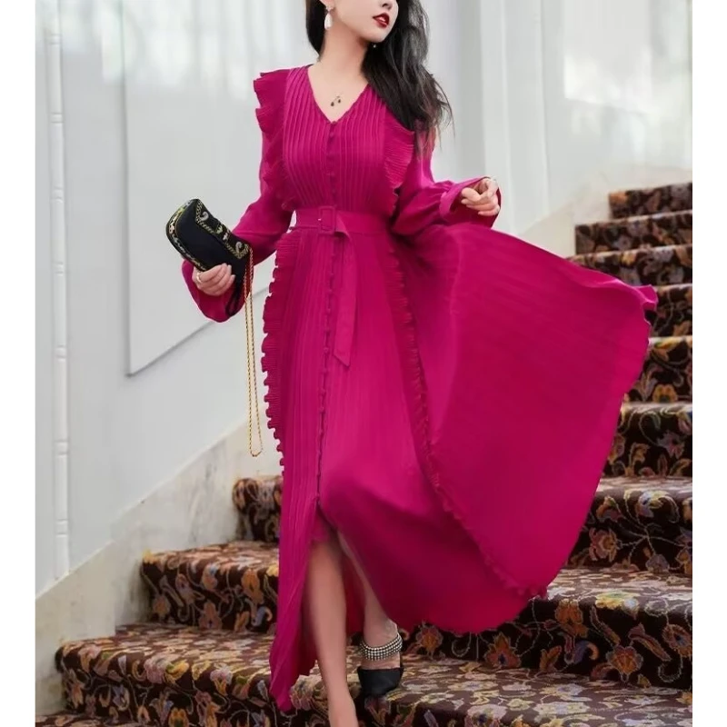 QC【酒窖玫瑰】意大利压褶雪纺V领方扣收腰长袖气质连衣裙GL1985