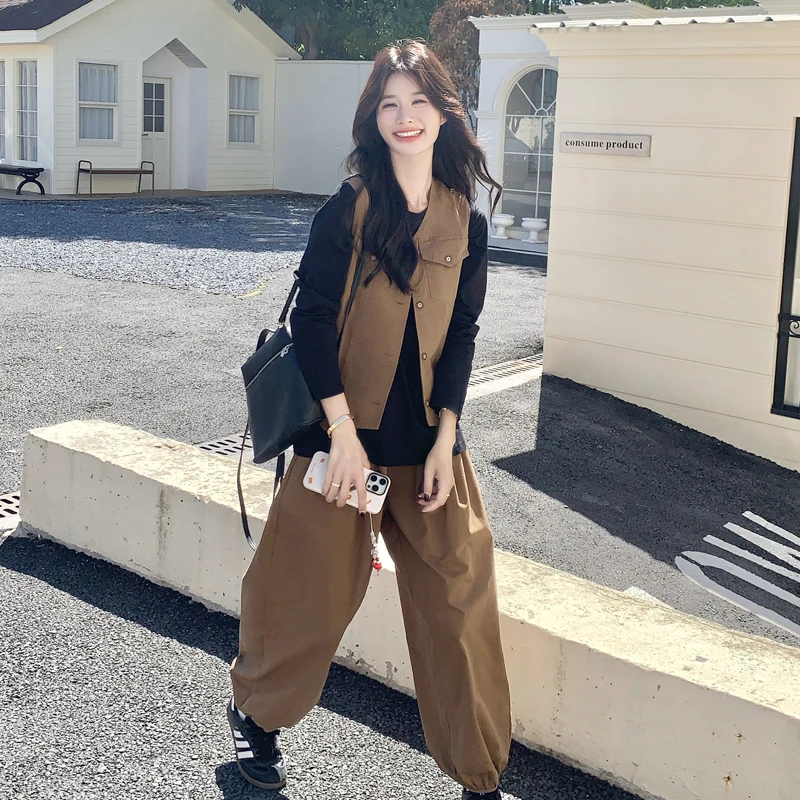慵懒休闲风时尚百搭套装女秋季新款时髦工装马甲内搭束脚裤三件套