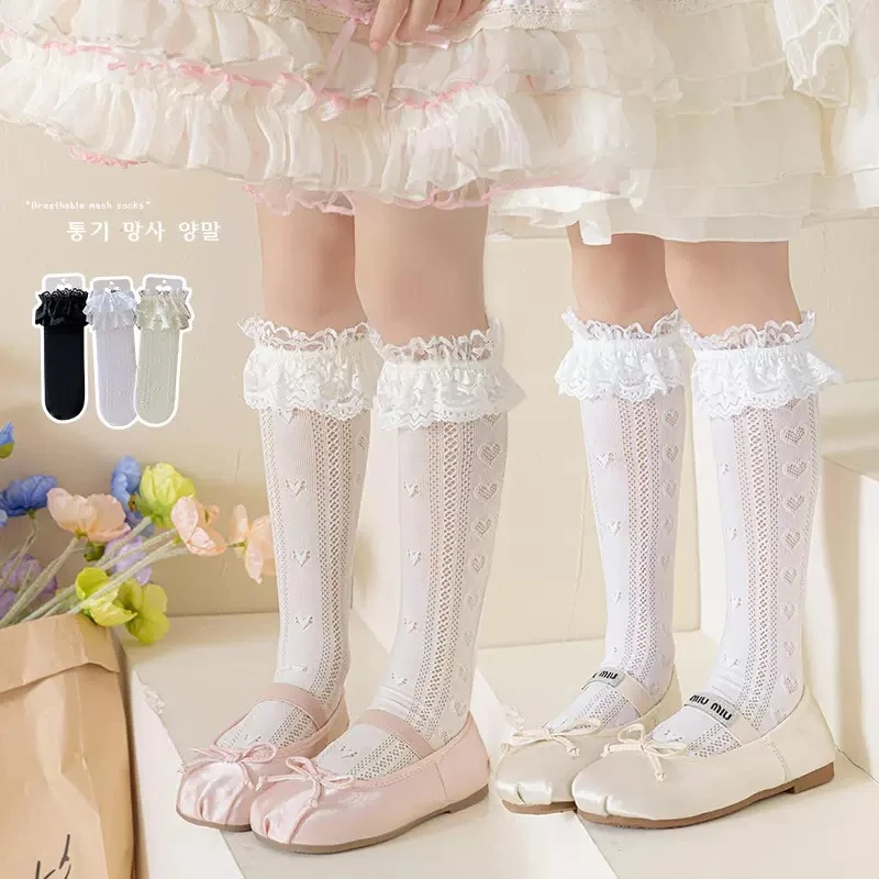 女童花边蝴蝶结小腿袜夏季薄款透明日系公主袜