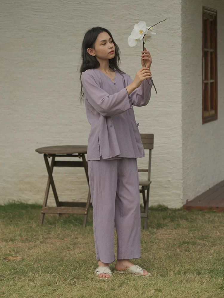 251-057朵朵可可睡衣女2025春夏新款棉中式国风斜襟长袖裤家居服