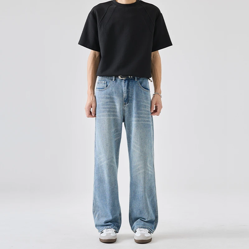 2025夏新款浅蓝色猫须水洗牛仔裤男生百搭高级感美式宽松直筒长裤