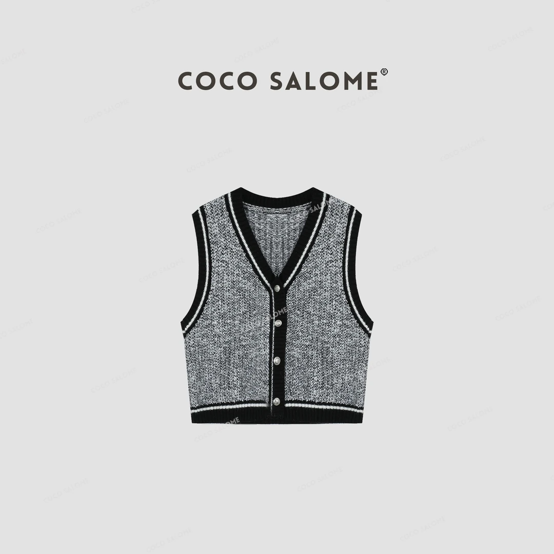 COCO SALOME①【小香马甲】330g小香风V领撞色开衫毛衣马甲535L