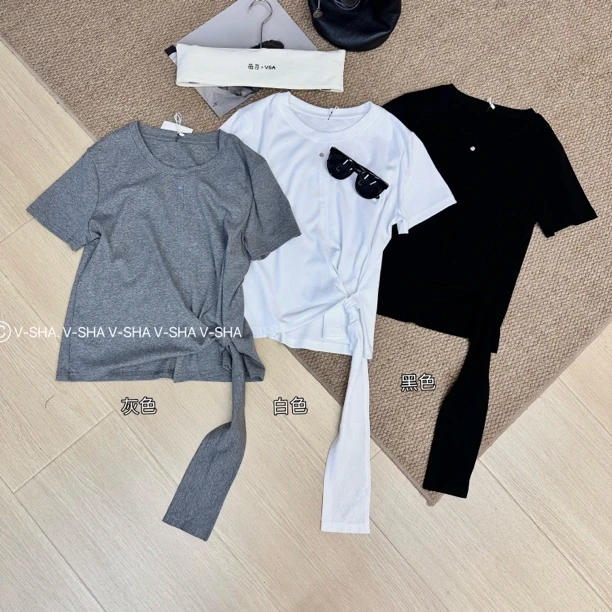 薇莎9912【现货】80-150斤小标侧绑绳短袖棉T恤