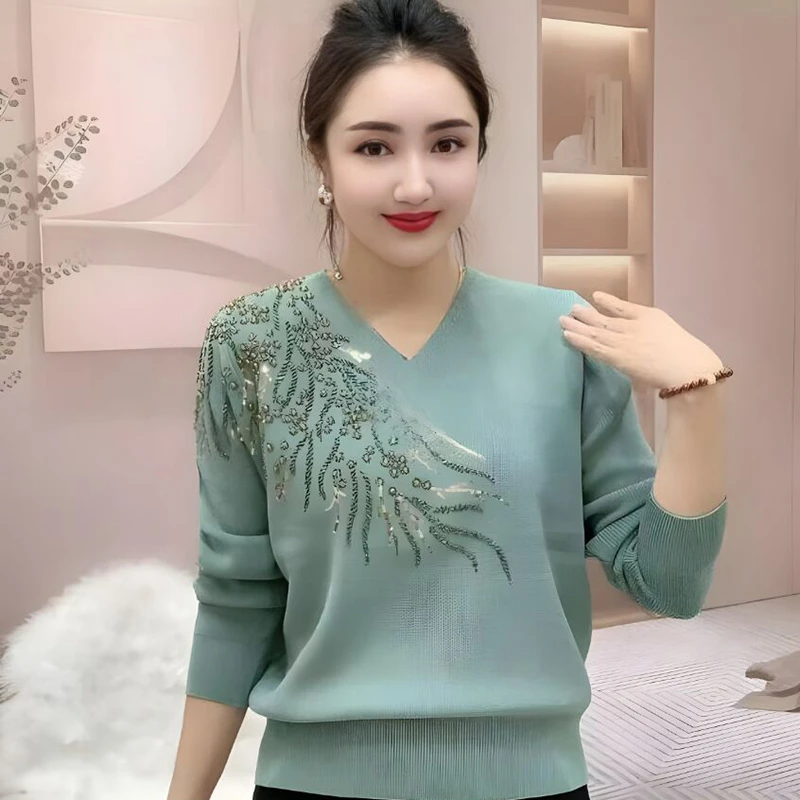 1127高端手工刺绣长袖女装时尚妈妈v领焦麻针织衫秋季洋气打底