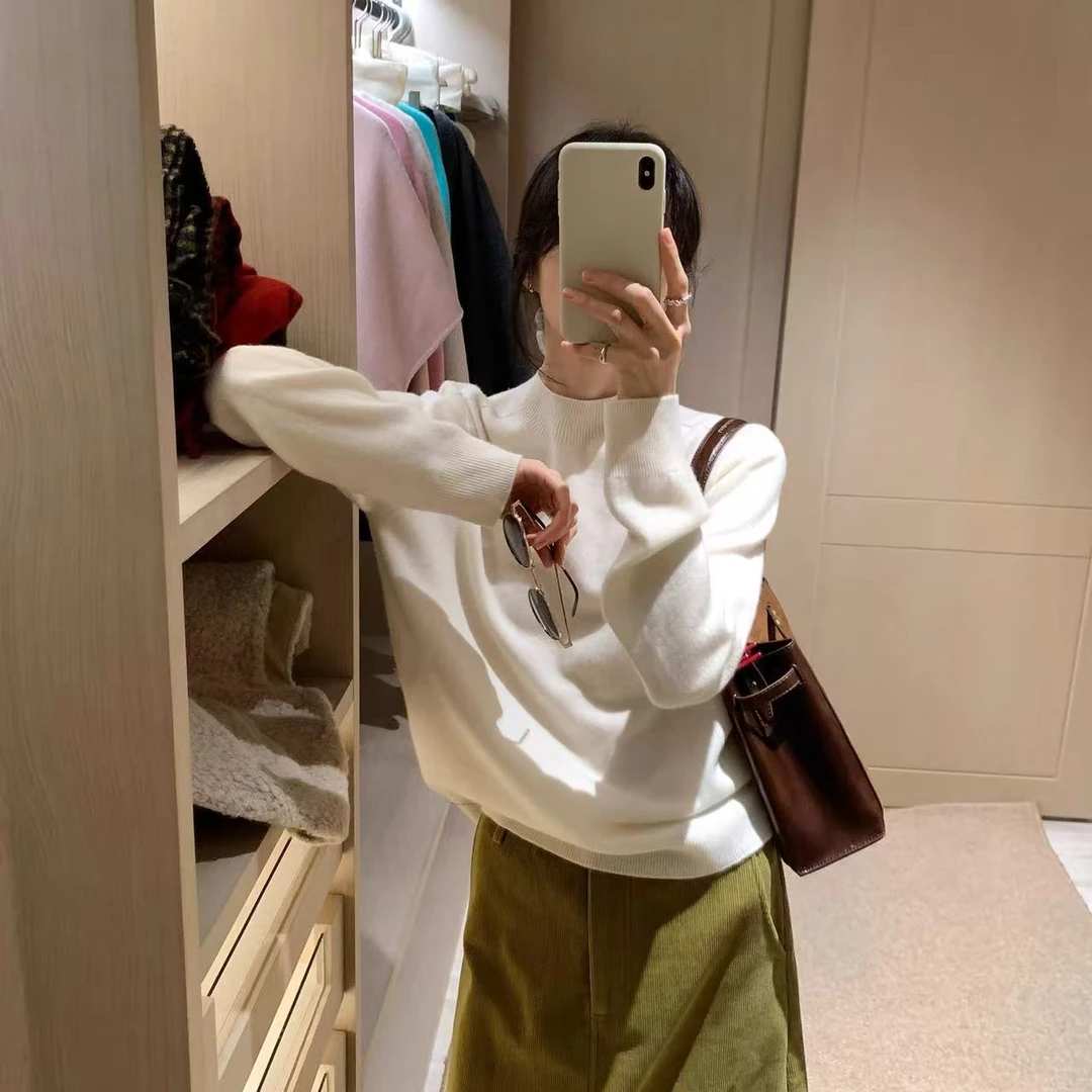 白色一体织温柔风针织衫女2025秋冬百搭半高领打底衫#105