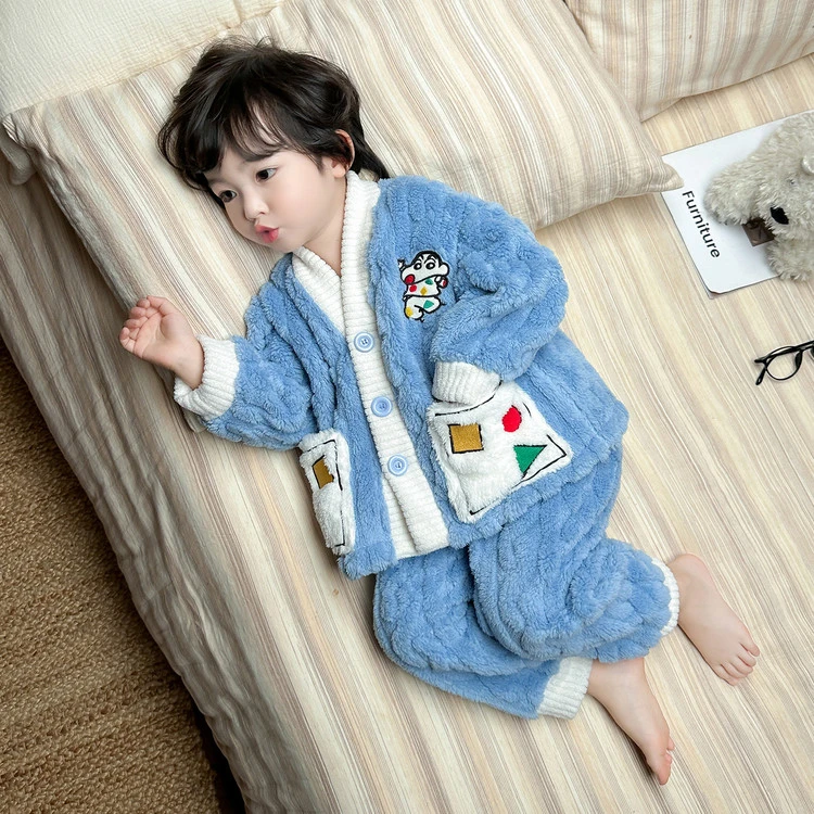 男童珊瑚绒睡衣秋冬款男孩宝宝冬季加厚开衫套装儿童法兰绒家居服