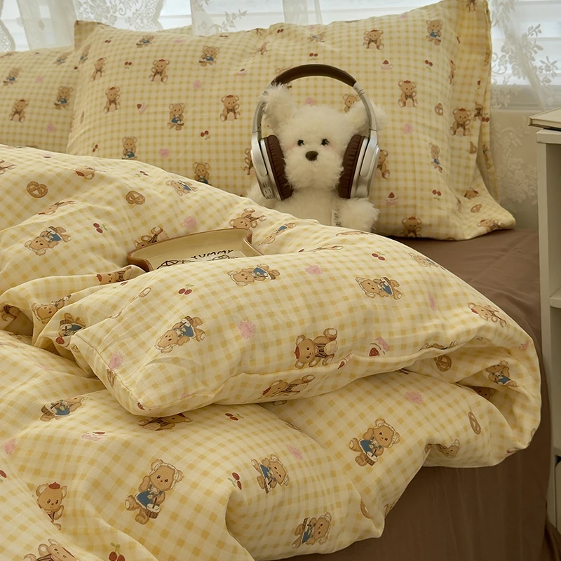 ins可爱黄格小熊双层纱床上四件套纯棉100%全棉卡通被套床单床笠